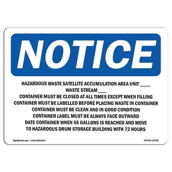 Signmission OSHA Sign, 7" H, 10" W, Rigid Plastic, Hazardous Waste Satellite Accumulation Area Sign, Landscape OS-NS-P-710-L-13336 - main